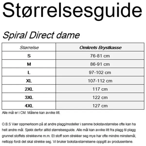 størrelseguide spiral direct dame