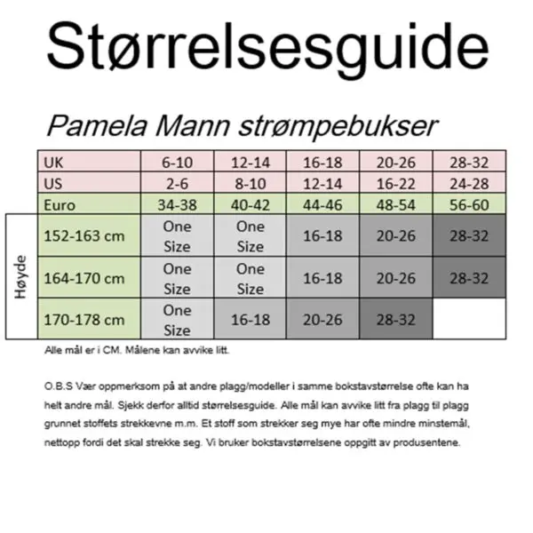 størrelseguide pamela mann strømpebukser