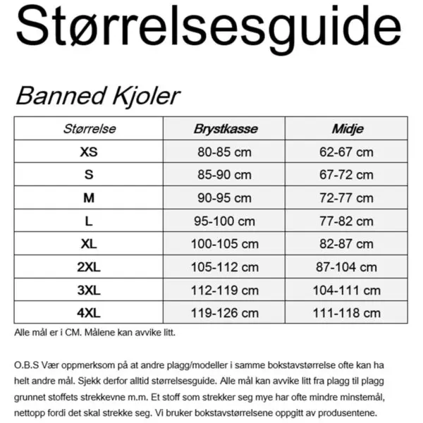 størrelseguide banned apparel kjoler