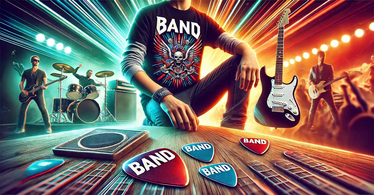 Kunde iført band T-skjorte i en rock-inspirert setting med gitarplekter sett ved siden av.